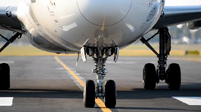 Passenger Plane Front View on Runway - A close-up shot shows the front and landing gear of a passenger plane on the runway.
