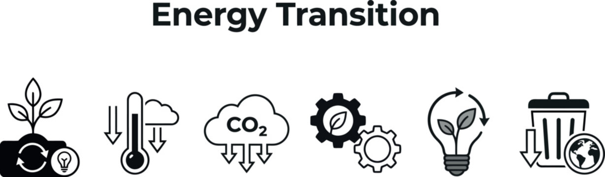 Energy transition icons set sustainable development, renewable energy, carbon reduction, and waste management symbols