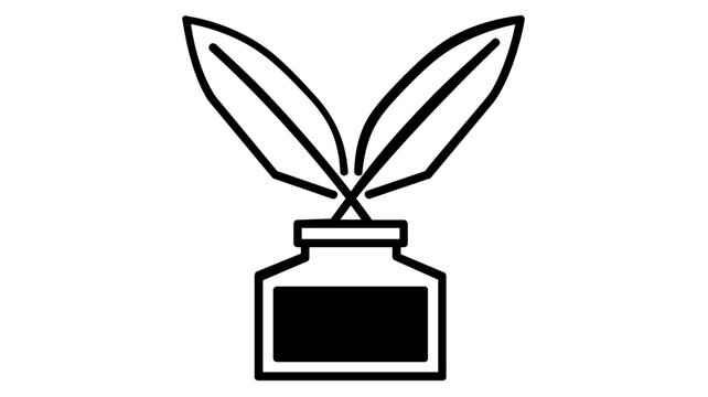 Stylized vector icon illustration of a decorative glass inkwell containing blue ink paired with a white feather quill pen, ideal for themes of classic literature and vintage office stationery.