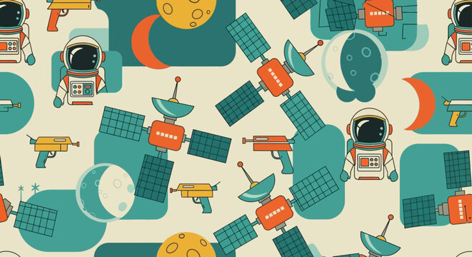 vintage astronaut spaceship and ray gun pattern in retro style