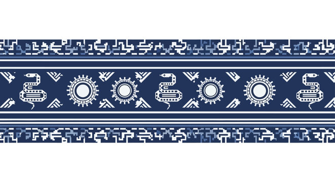 inca pattern tribal design border featuring stylized serpents sun symbols and geometric shapes evoking ancient culture.