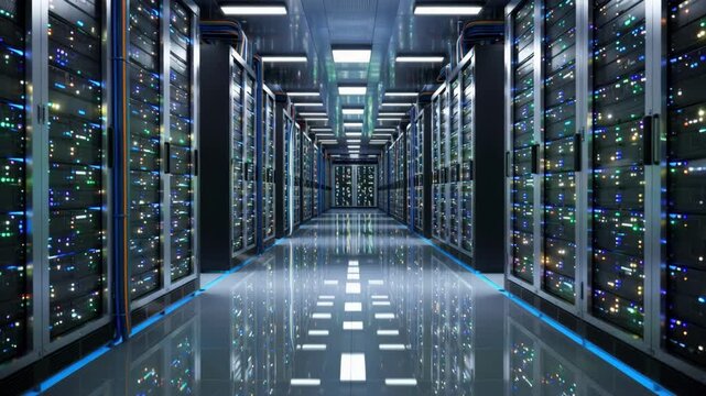 A long corridor in a data center with rows of computer servers and blue lights
