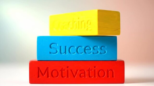 Coaching Success and Motivation Blocks - The video shows a stack of three colorful wooden blocks. The words "Coaching", "Success", and "Motivation" are engraved in the yellow, blue, and red blocks,