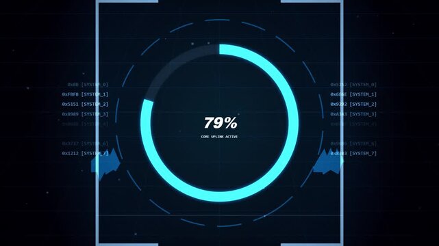 Futuristic digital interface loading circle with dynamic data readout