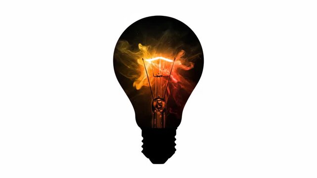 Vivid Light Bulb Silhouette with Swirling Colors - A striking silhouette of a light bulb filled with vibrant swirling colors, including shades of orange, yellow, and green, set against a clean white