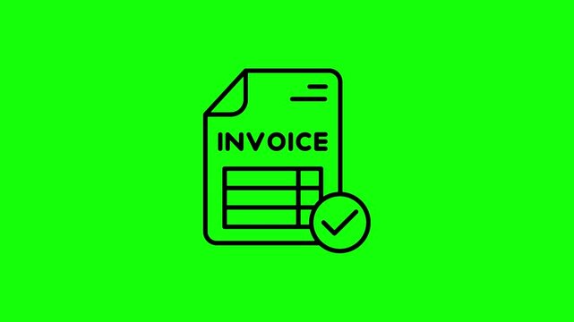 Animated invoice icon with a checkmark on a green screen, symbolizing payment confirmation.