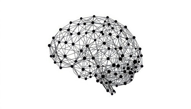 A complex network of interconnected nodes and lines forming a brain shape on a white background