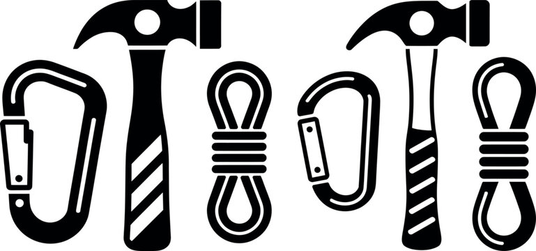 Rock climbing equipment set with hammer carabiner and rope coil vector silhouette illustration climbing equipment carabiner adventure mountain