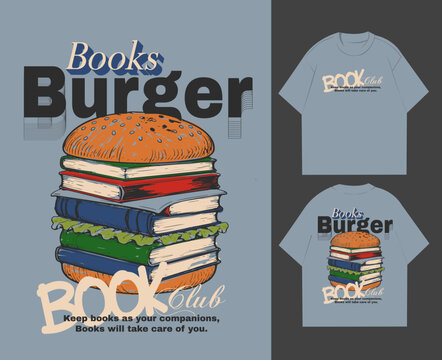 books Graphic Tee Shirt Design. Hand drawing Books vector artwork. Fast Food Burger Shape in Books. T-shirt Design Artwork. vintage graphic design.