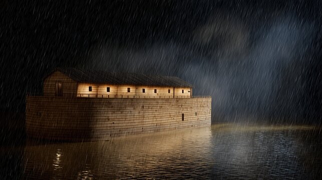Noah's ark surrounded by rain during the great flood in biblical history
