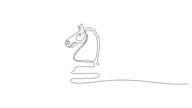 Single Line Drawing of a Chess Queen Piece on White Background,Animated self drawing Continuous one line drawing of Knight chess piece, minimalist line art, simple vector icon