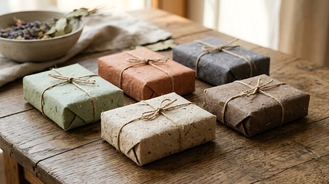 Several small gift boxes wrapped in simple paper and tied with rustic twine on a wooden table