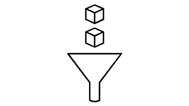 Industrial metal funnel with geometric cubes entering the top for data processing vector icon illustration, clean minimalist flat design for professional technology and science visuals.