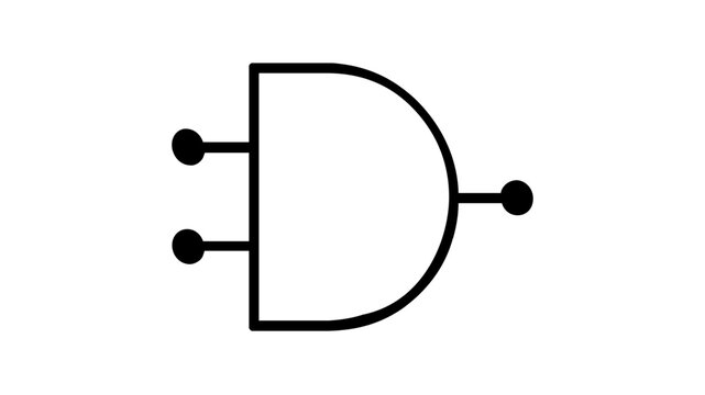 Flat vector icon illustration of a logic gate symbol with two inputs and one output representing digital circuitry and computing components for data science and technological designs.