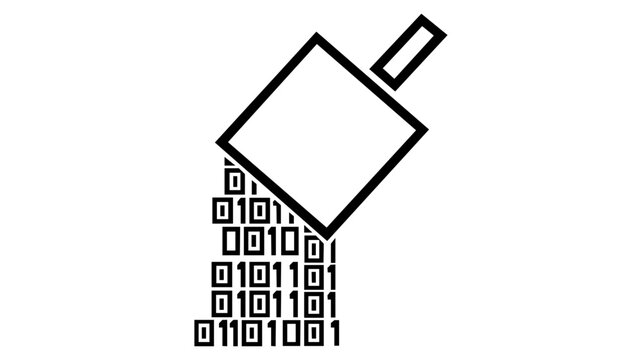 Sleek vector icon illustration of a magnifying glass lens inspecting a strip of binary code data for analysis, computer programming, cybersecurity, and digital information processing.