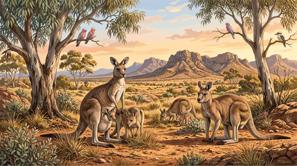 Australian Outback Kangaroo Family Scene with Eucalyptus Trees, Desert Landscape, and Wildlife Birds at Sunset for Nature Designs  © Monirul