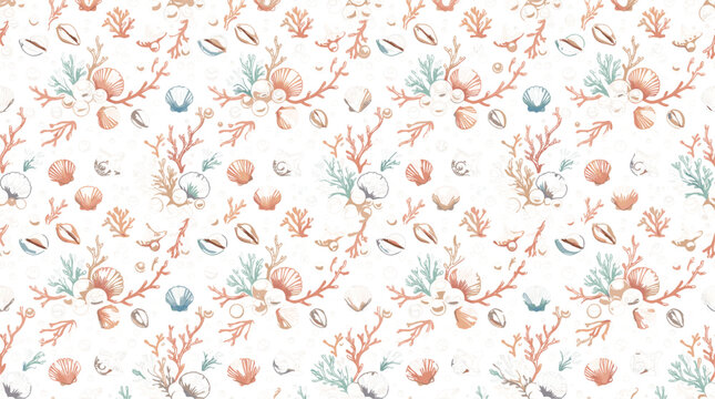 Seamless Ocean Coral and Seashell Pattern with Pastel Marine Elements for Beach, Summer, Textile, and Surface Design 