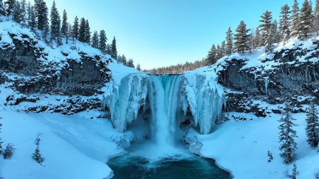 Majestic Icy Waterfall in Winter Wilderness - A stunningly beautiful icy waterfall cascades powerfully amidst a snow-covered landscape, surrounded by towering pine trees and rugged cliffs.