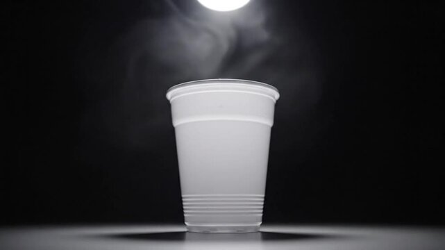 Simple solo-cup illuminated from above with dramatic lighting and steam floating upwards in dark backdrop