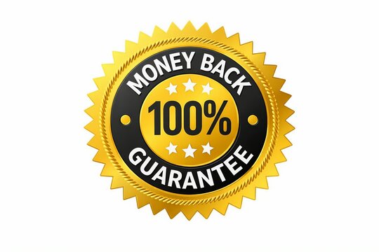 Golden money back guarantee badge with 100 percent text and stars