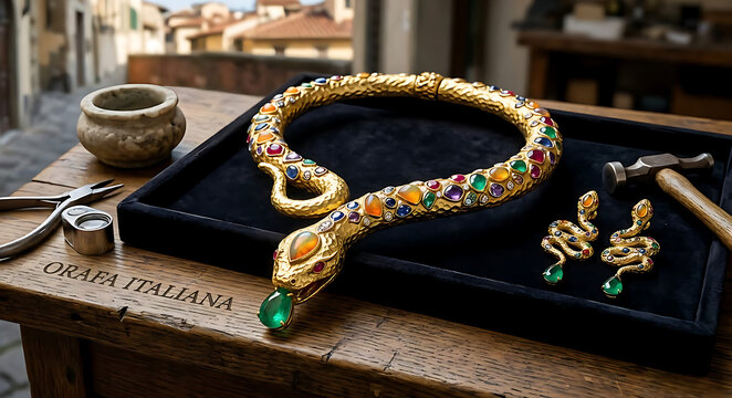 Luxury Serpent Gold Necklace Set | Italian Royal Snake Jewelry with Multicolor Gemstones