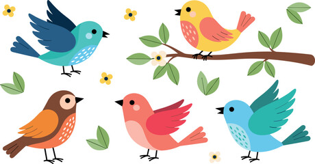 Fototapeta premium Cute Colorful Birds Collection Flat Style Vector Illustration Set with Flowers, Leaves, and Branch