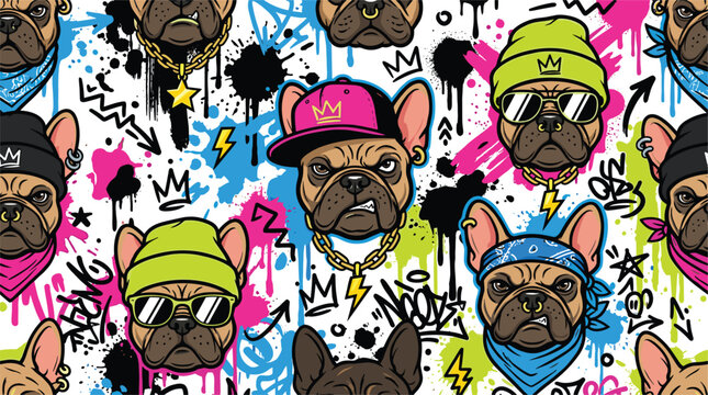 
Cool Hip Hop French Bulldog Seamless Pattern with Sunglasses, Gold Chain, Graffiti, Crown, and Neon 