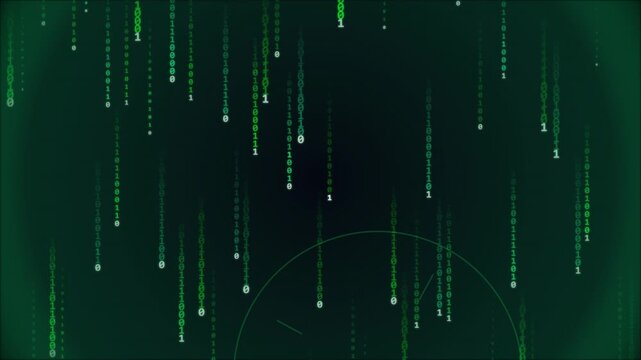 Green Digital Binary Code Streams Falling on Dark Technology Background