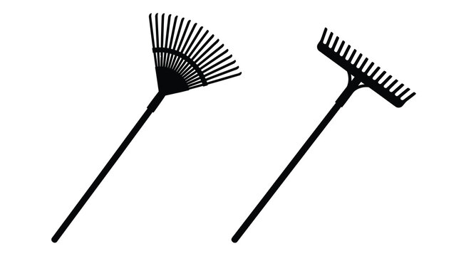 Two garden rakes isolated on a white background silhouette