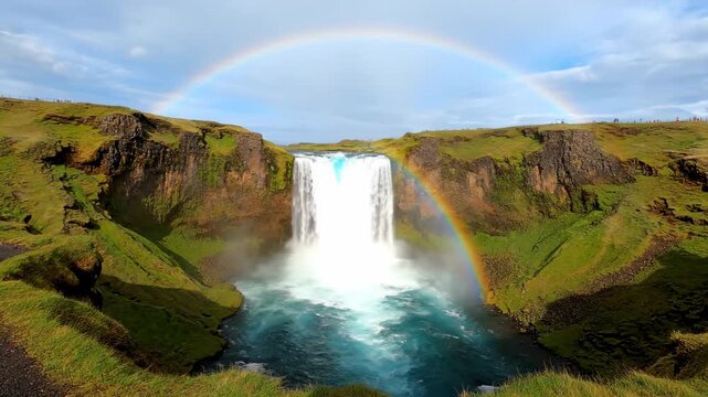 Sk&oacute;gafoss Waterfall with Rainbow, Iceland - This landscape shot captures the majestic Sk&oacute;gafoss waterfall in Iceland with a vivid rainbow arching overhead.