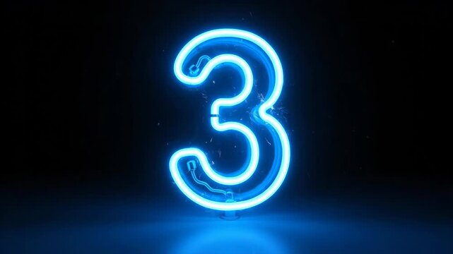 Neon Number Three - This video showcases a glowing number three made from blue neon light. The number is video in 3D and stands out against a dark backdrop.