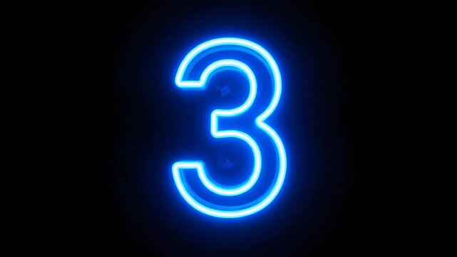 Glowing Neon Number Three - A 3D video showcases the number three illuminated with bright blue and white neon light against a dark backdrop. The neon gives the number a glowing effect.