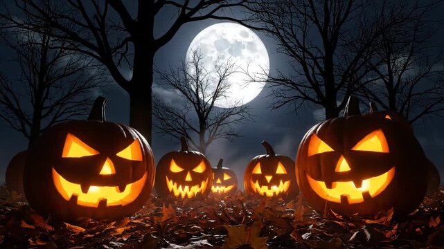 Spooky Glowing Jack O' Lanterns at Moonlight - This video shows several glowing Jack O' Lanterns with spooky carved faces sitting among fallen leaves on a dark night.