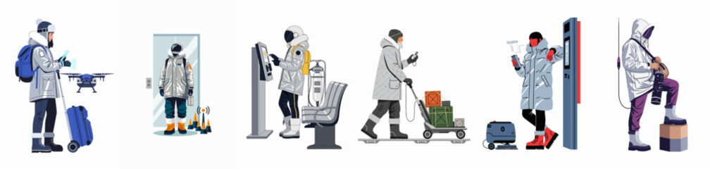 Set of futuristic travelers and workers in high-tech winter gear for polar exploration and advanced transport hubs, isolated vector illustrations. © Yumi