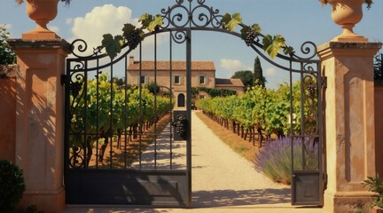 Obraz premium Ornate metal gate opens to vineyard path leading to stone house. Grapevine motifs decorate gate. Lush green vines and purple lavender flank gravel walkway.