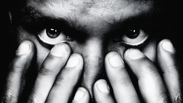 Anxious male face partially obscured by fingers, eyes locked into camera, trembling hands pressing against skin