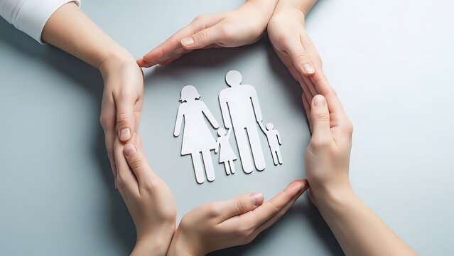Family insurance protection concept, human hands shielding paper family cutout, life insurance and security symbol on blue background