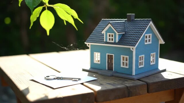 Miniature House Model with Key on Sunny Table - The video features a miniature model of a blue house placed on a wooden table in a sunny outdoor setting.