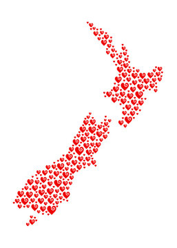 New Zealand map made of koru inspired hearts, vector illustration for love, culture and national identity concept. 