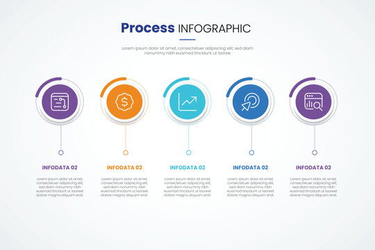 5 points stage template infographic concept for slide presentation with big circle outline on line horizontal with 5 point list with flat style vector