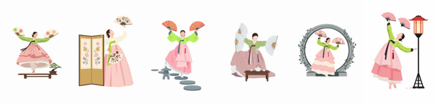 Vector illustration set of a woman in traditional Korean Hanbok performing a graceful fan dance in various cultural scenes.