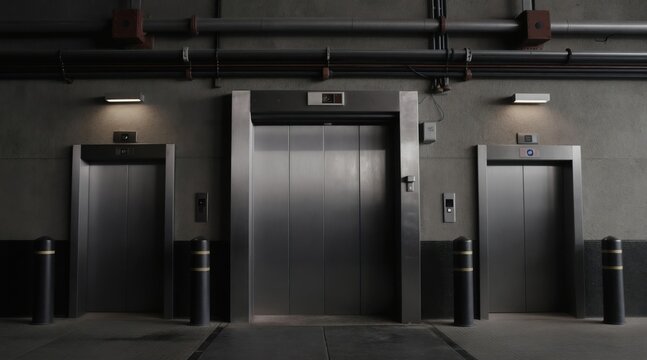 Industrial elevators stand in dark corridor with pipes overhead. Heavy steel doors suggest safety and transport in hazardous area. Functional lift entryways.