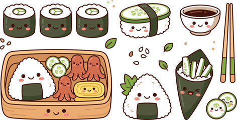  Cute Kawaii Japanese Food Sticker Set with Sushi, Onigiri, Bento Box, Temaki, Chopsticks, and Soy Sauce for Asian Cuisine Design  © MdMonirul