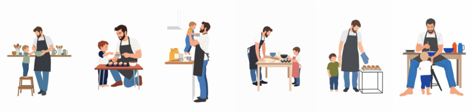Set of illustrations featuring a father and son baking and cooking together in the kitchen, bonding over food preparation in flat vector style.