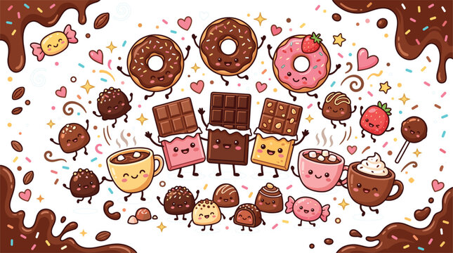 
Cute Kawaii Chocolate Party Characters Banner with Donut, Chocolate Bar, Coffee Cup, Cake Pop, and Truffle for Sweet Dessert Design
