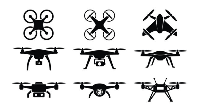 Drone vector icon set, black quadcopter silhouettes, modern aerial technology collection