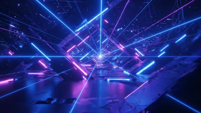 Neon Cyberpunk Geometric Light Tunnel - This video showcases a glowing, abstract geometric tunnel with vibrant neon blue and pink laser lights radiating from the center.
