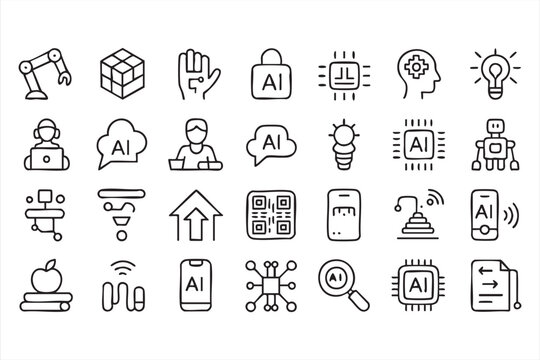 Minimal AI Automation Icon Set with Robot Chip Cloud Smart Home and Machine Learning Symbols