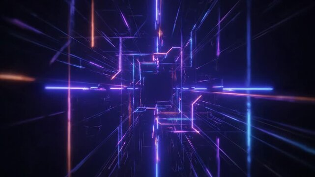 Abstract Glowing Neon Geometric Tunnel - A geometric tunnel of neon lights creates an abstract and futuristic atmosphere. The glowing lines and shapes add a cyberpunk style to the background.