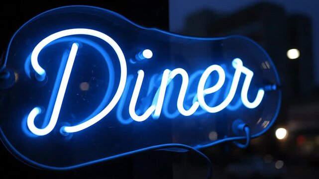 Neon Diner Sign at Night - A vibrant blue neon sign displaying the word "Diner" glows brightly against a dark background.